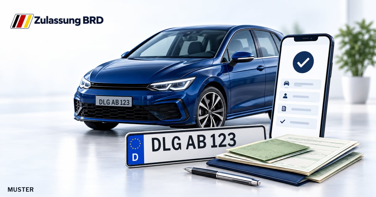Online Fahrzeugzulassung in Lauingen (Donau): Musterkennzeichen DLG AB 123, Auto und Fahrzeugpapiere und Smartphone. Illustration mit Logo von Zulassung BRD.